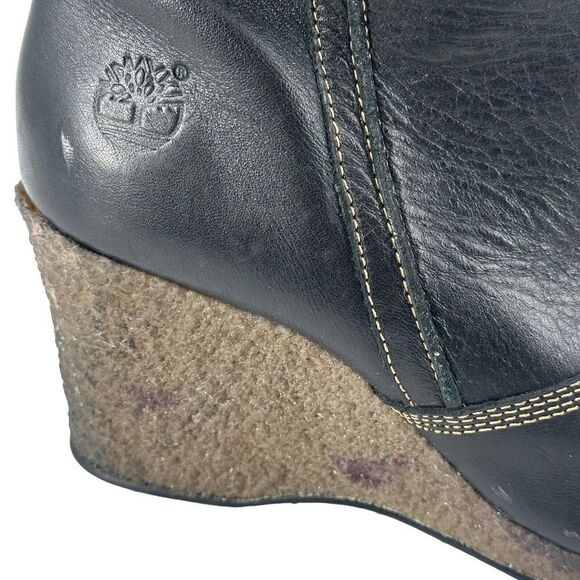 Timberland Monogram Tall Boots Faux Fur Lined Black Leather Size 9 Wedge Heel - Picture 5 of 13